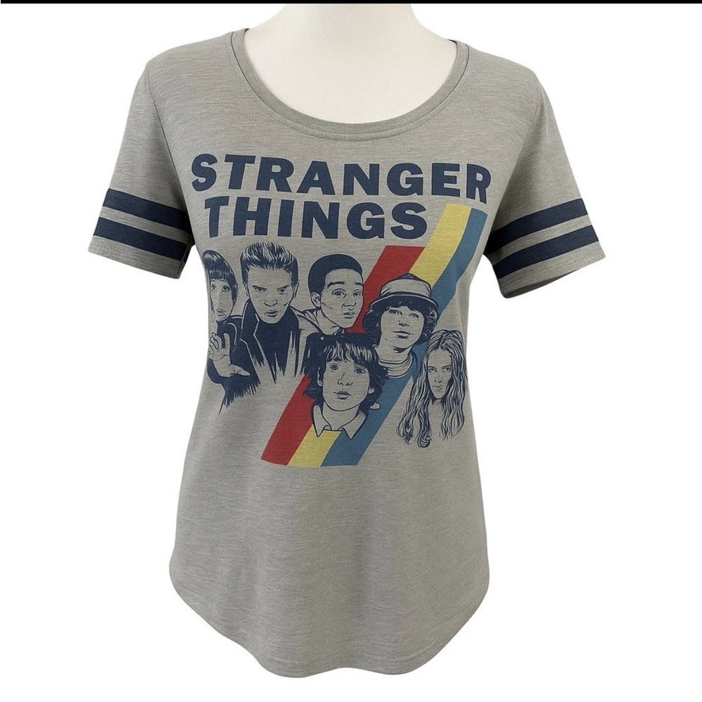 Stranger Things Graphic Tee Shirt XS‎ Grey Retro Netflix Cast Design Stripes